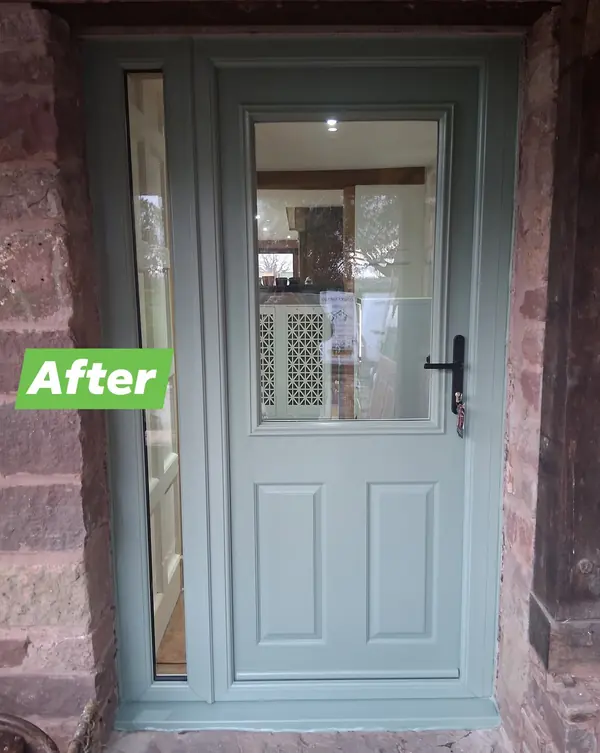 After: a pale green composite door with a glazed top half and side panel, in the same stone doorway